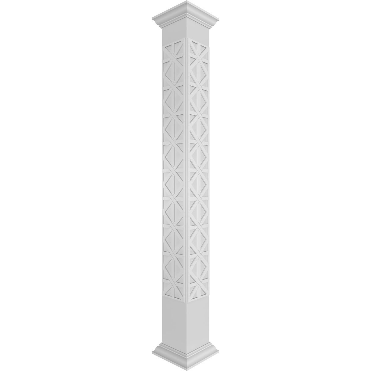 Elegant white fretwork column featuring intricate geometric patterns, perfect for enhancing architectural designs and adding a sophisticated touch to interiors. Ideal for traditional and modern spaces.